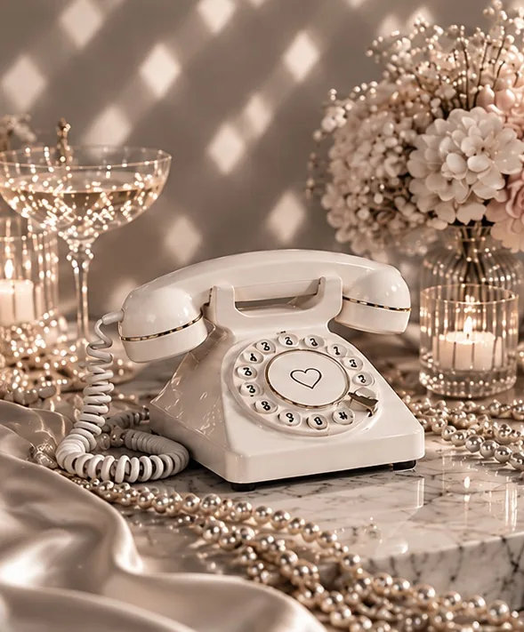 Cremefarbenes Audio Gästebuch Telefon auf Marmor mit Perlen, Kerzen, Blumen und Champagnerschalen